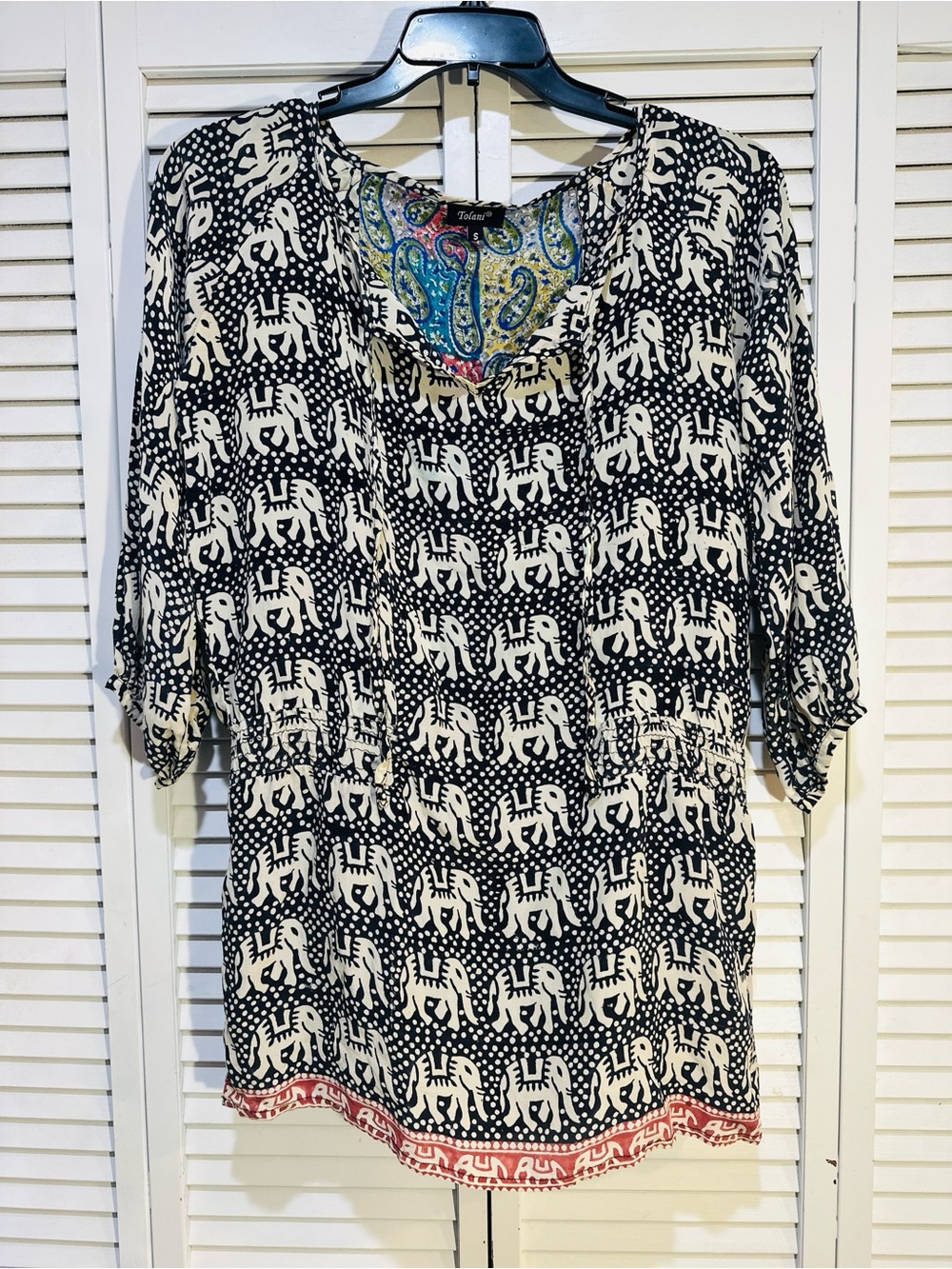 Tolani 100% Silk Elephant Print Tunic Blouse Small Boho Paisley Black Cream